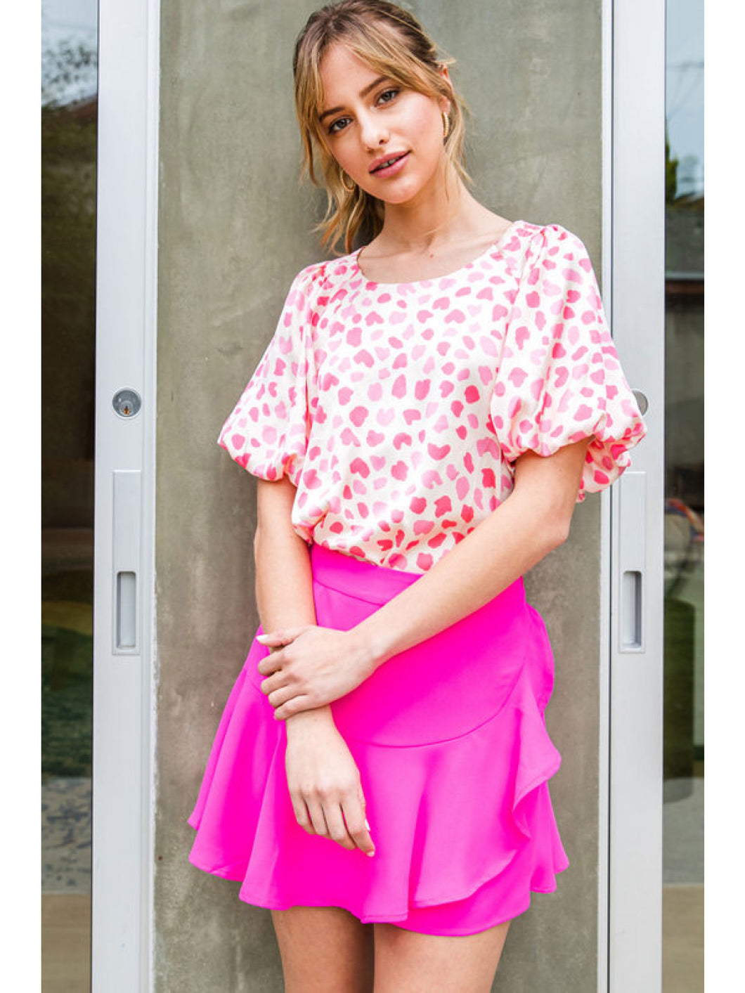 Jacee Spotted Puff Sleeve Top | Pink