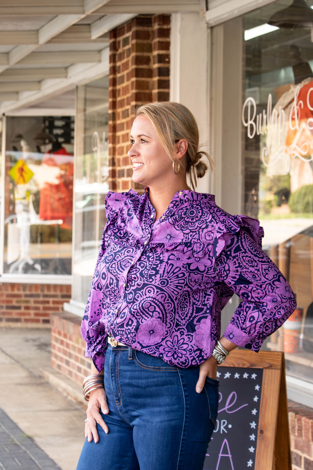 Floral Ruffle Trim Long Sleeve Top | Purple and Navy