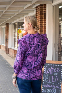Floral Ruffle Trim Long Sleeve Top | Purple and Navy