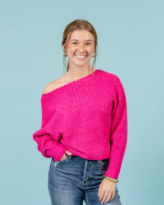 Off The Shoulder Ribbed Sweater | Berry Pink
