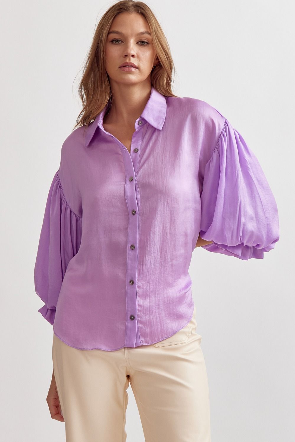 Satin Bubble Sleeve Collared Top | Lavender