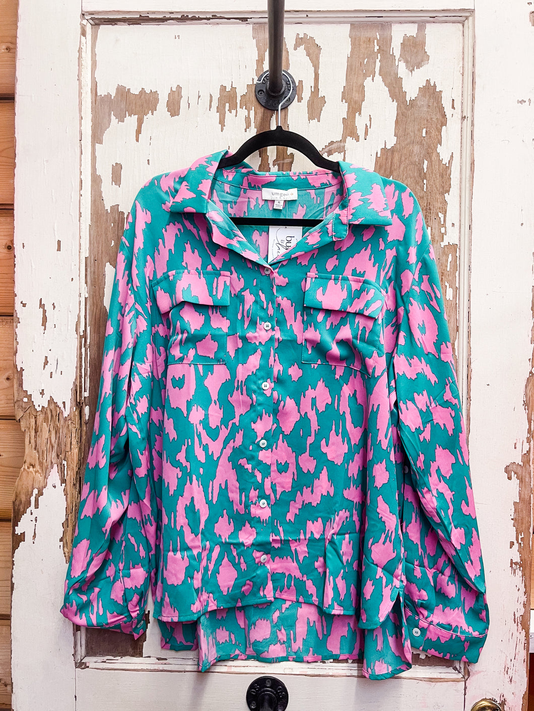 Curvy Cassie Long Sleeve Button Up Shirt | Pink and Green