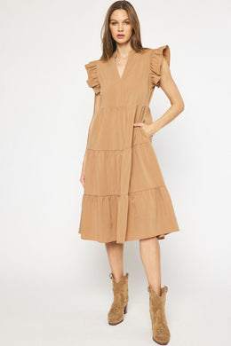 Ruffle Sleeve Midi Dress | Camel