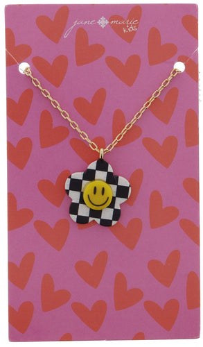 Kids Black and White Checkered Flower Happy Face Necklace