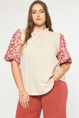 Curvy Embroidered Sleeve Top | Natural