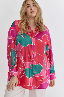 Curvy Colorful Abstract Collared Long Sleeve Top | Orchid Jade