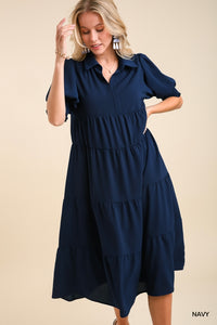 Ellie Cuffed Sleeve Midi Dress | Navy