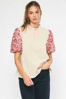 Embroidered Sleeve Top | Natural