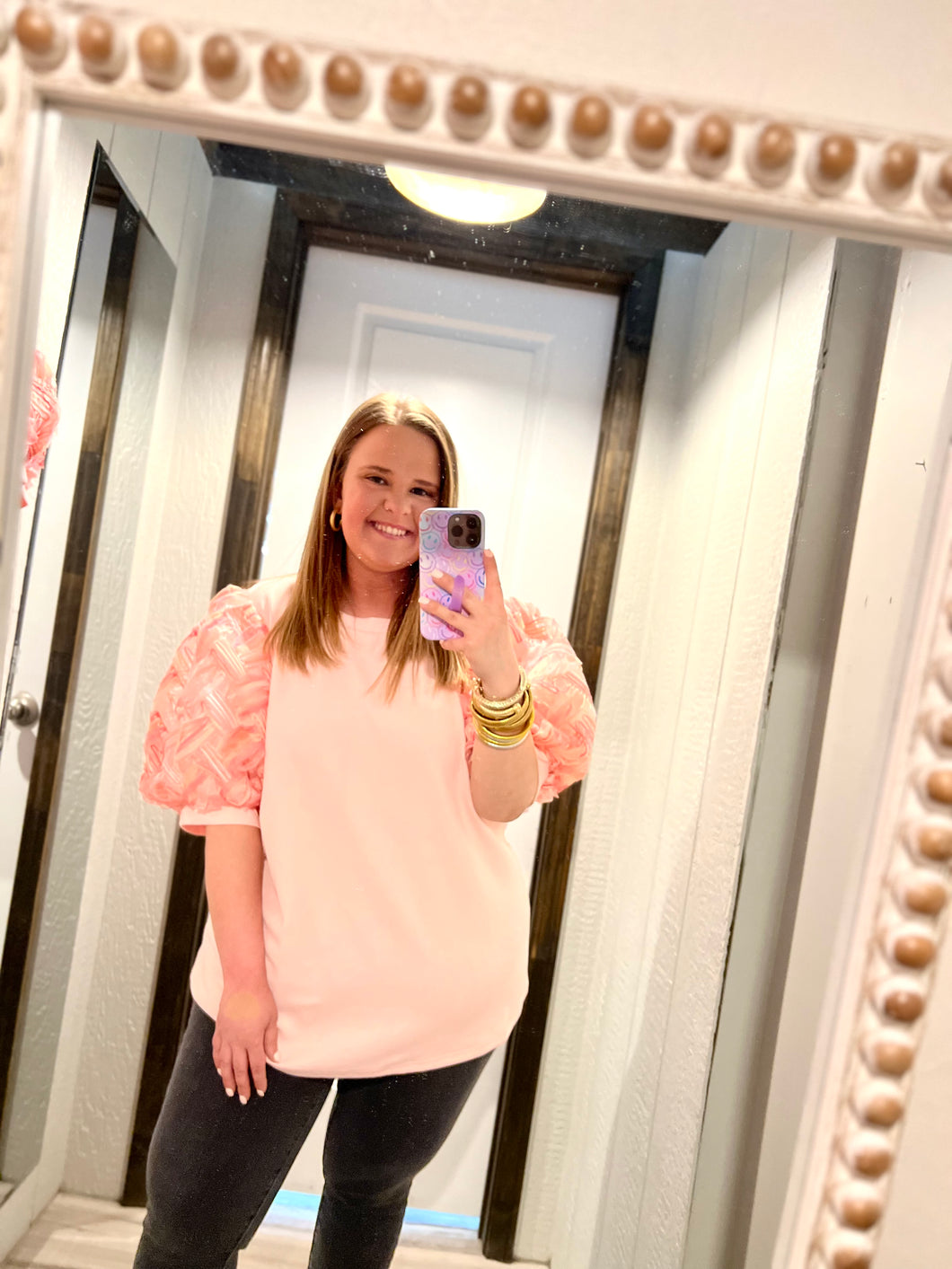 Curvy Embroidered Puff Sleeve Top | Pink
