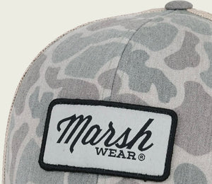 Marsh Wear Script Trucker Hat | Dark Green Mallard Camo