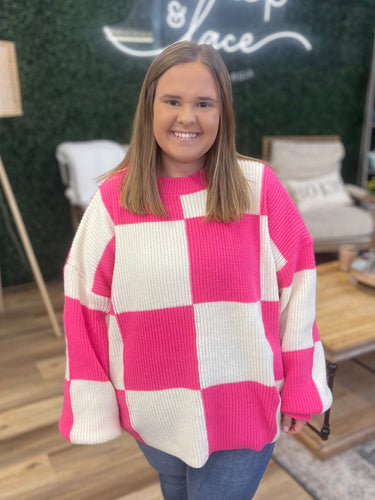 Pink and White Checkered Sweater