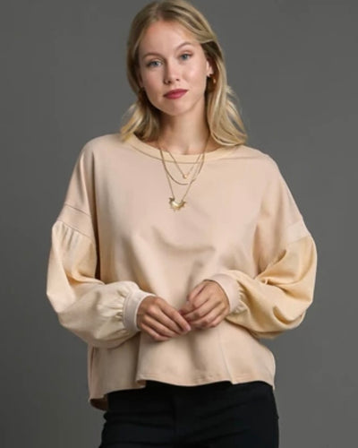 French Terry and Waffle Knit Balloon Sleeve Top | Cream