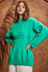 Curvy Cable Knit Mock Neck Sweater | Green