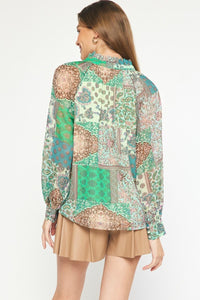 Mary Paisley Print Button Up Top | Green