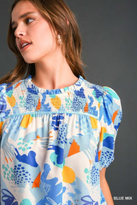 Jincy Smocked Abstract Top | Blue Mix