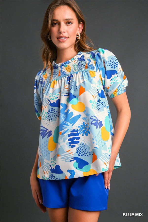 Jincy Smocked Abstract Top | Blue Mix