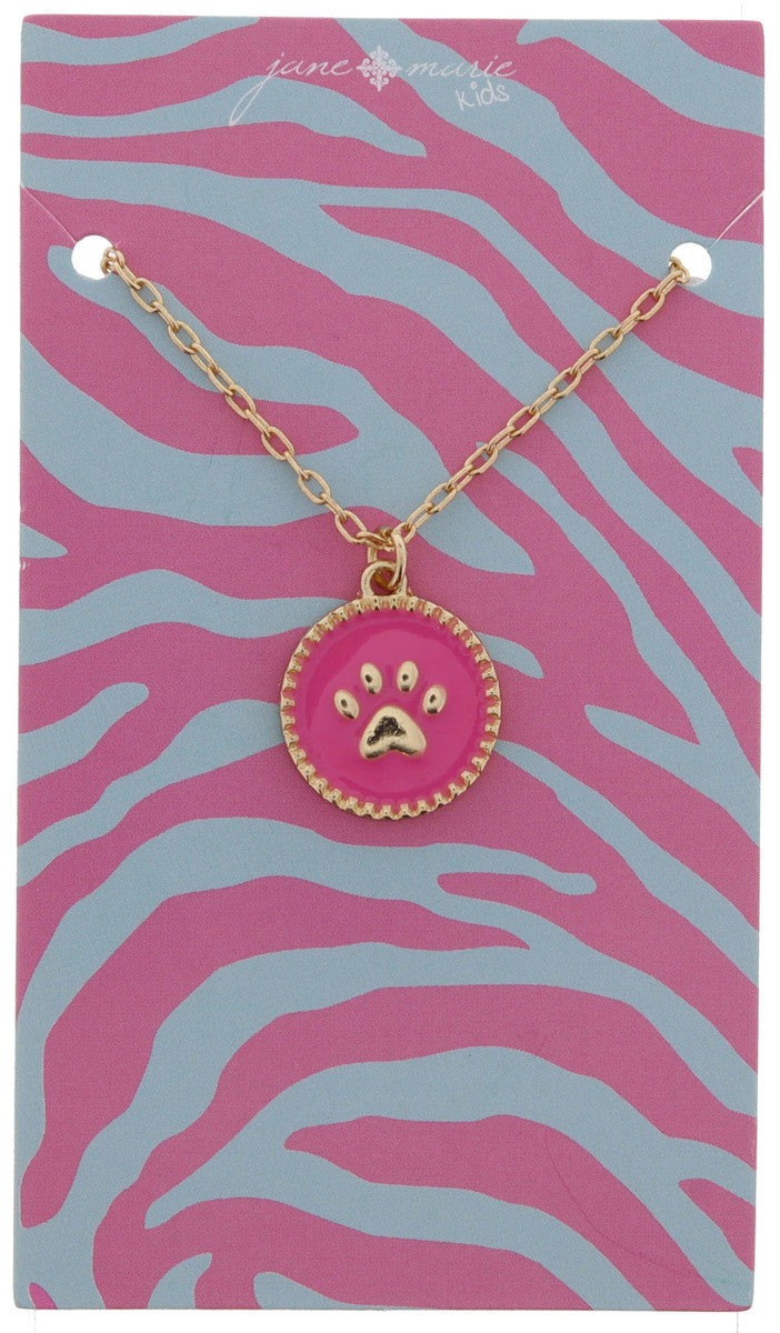 Kids Pink Disc with Paw Print Necklace