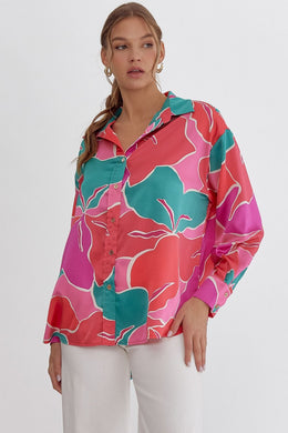Colorful Abstract Long Sleeve Collared Top | Orchid Jade