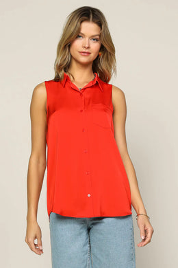 Sara Sleeveless Button Down Shirt | Red