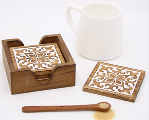 Wood Coasters and Holder | Set of 4