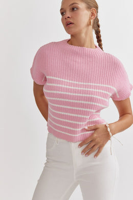 Striped Knitted Mock Neck Sleeveless Top | Pink
