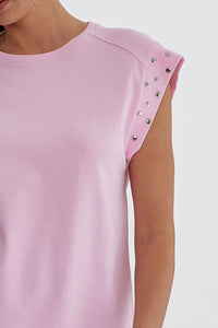 Stud Detail Short Sleeve Top | Pink