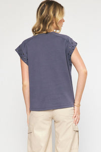 Stud Detail Short Sleeve Top | Charcoal Gray