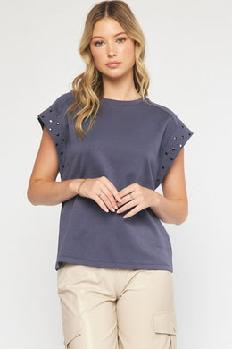 Stud Detail Short Sleeve Top | Charcoal Gray