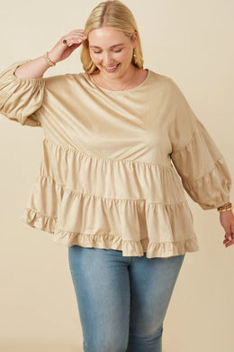 Curvy Suede Tiered Puff Sleeve Top | Taupe