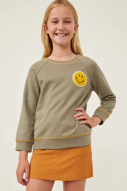 Youth Girls Smiley Patch French Terry Sweatshirt | Olive Green